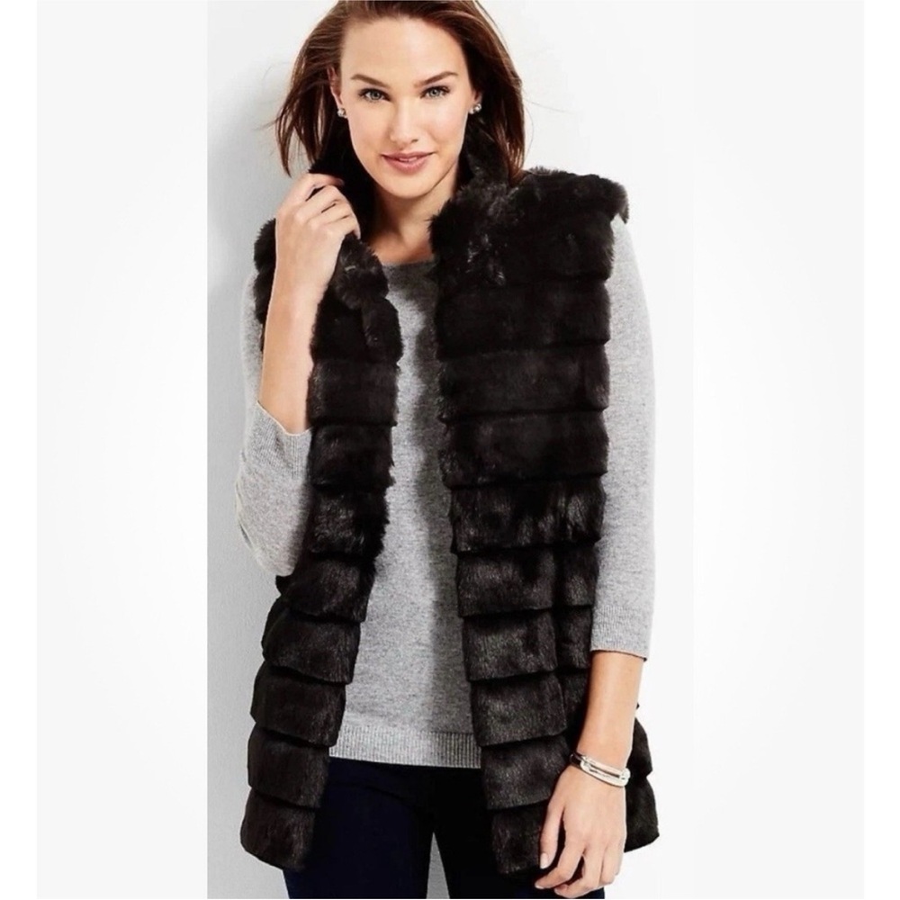 Talbots Black Ribbed Faux Fur Vest